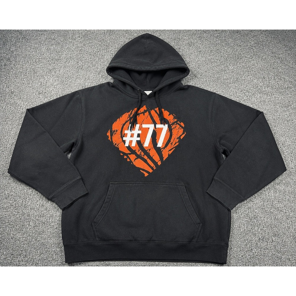 Black Graphic Hoodie Orange Heart Tiger Stripe #77 Pullover Sweatshirt Mens 2XL - Picture 1 of 10
